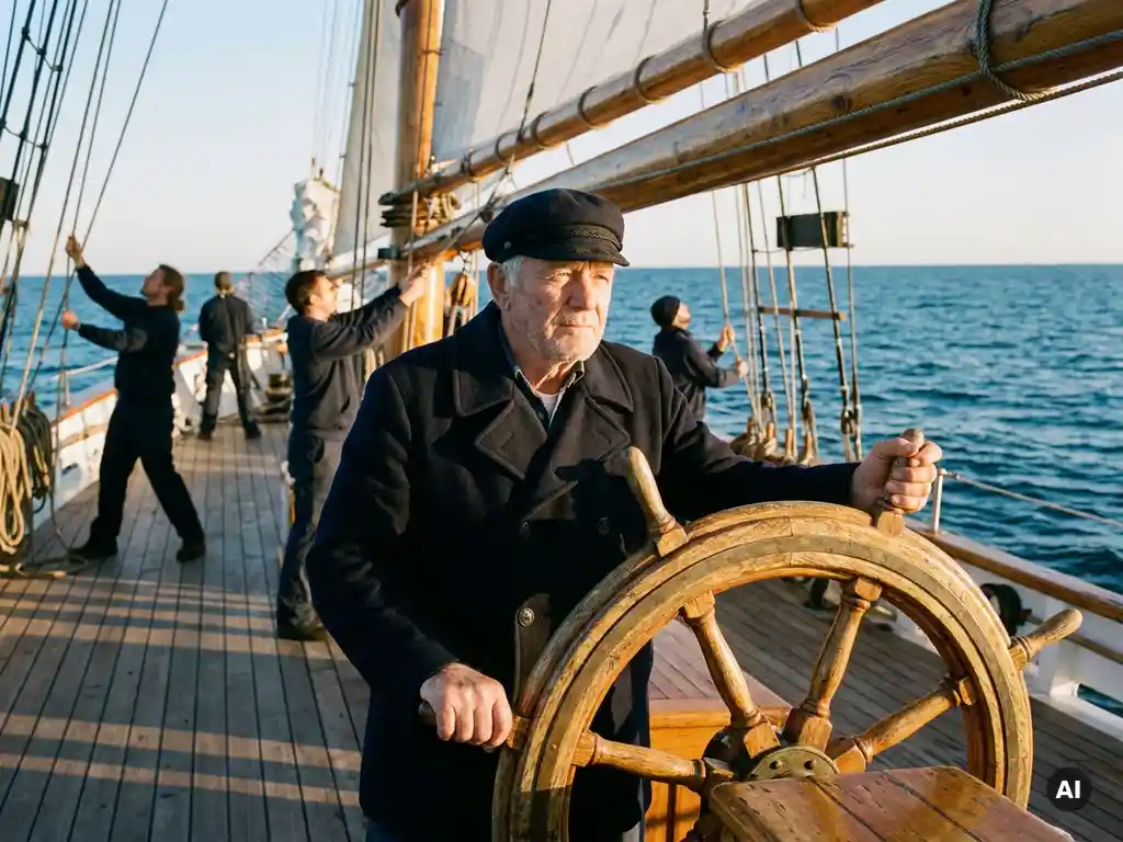 Erfahrene Führungskraft am Steuerrad eines Segelschiffs, Besatzung arbeitet auf dem Deck, weiter Ozean im Hintergrund, goldenes Nachmittagslicht.