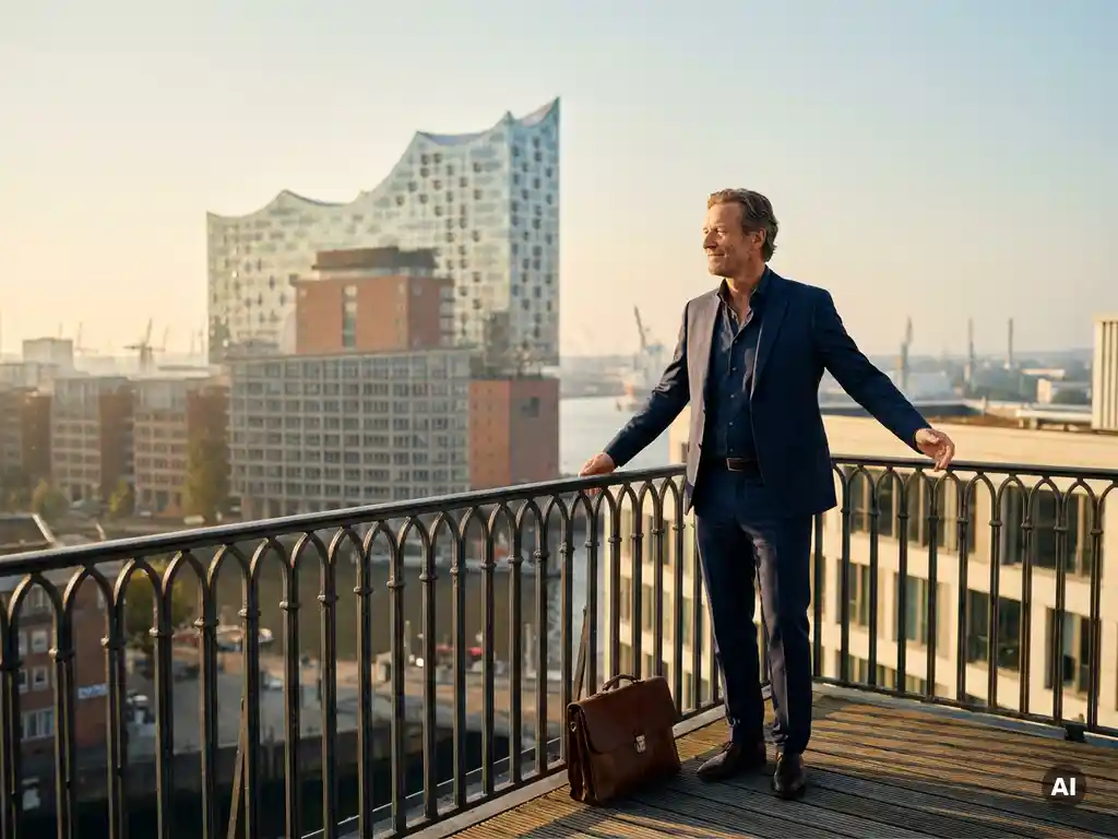 Selbstbewusster Manager im Anzug auf Hamburger Dachterrasse mit Blick auf die Elbphilharmonie im goldenen Morgenlicht.